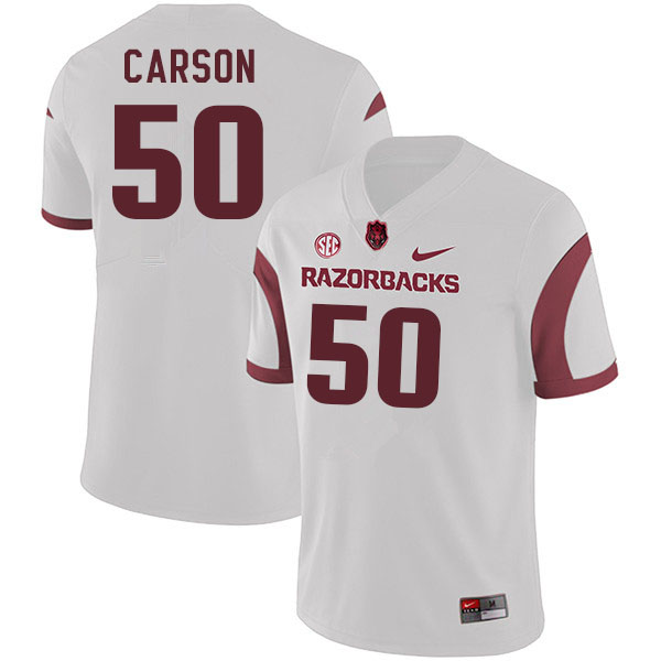 Men #50 Cole Carson Arkansas Razorbacks College Football Jerseys Sale-White - Click Image to Close